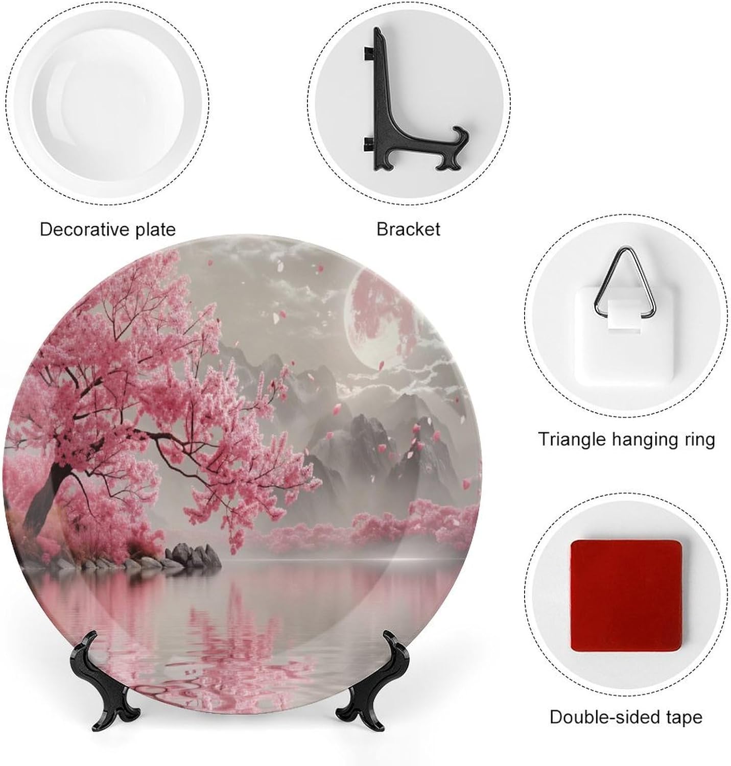 Pink Cherry Blossom Tree Bone China Decorative Plates 10inch with Display Stand, Boho Luxury Ceramic Hanging Plate for Home Decor, Personalized Ornament Dessert Plate Wall Decor Wedding Gift