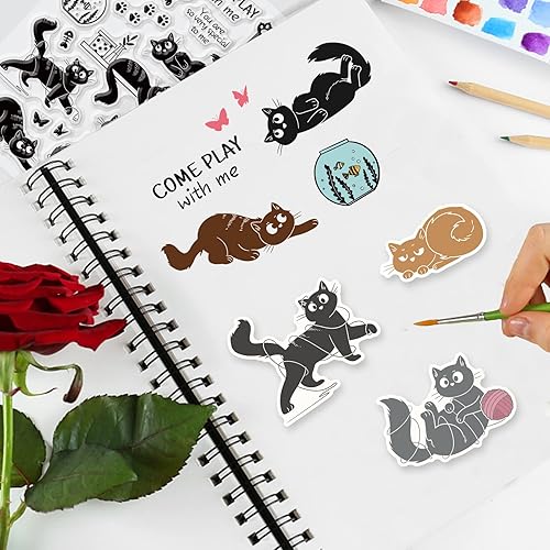 Vista 4 de INFUNLY Sellos y troqueles de gato para hacer tarjetas, juego de sellos y troqueles transparentes para corte de metal, sellos de goma de silicona