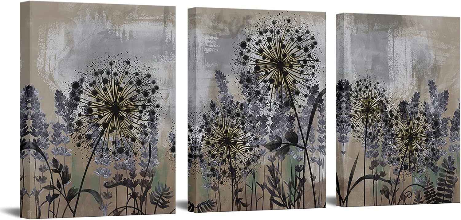 FuShvre Abstract Dandelion Wall Art 3 Pieces Vintage Dandelion and Lavender Flower Canvas Painting for Home Office Decor Gallery Wrapped Artwork Ready to Hang