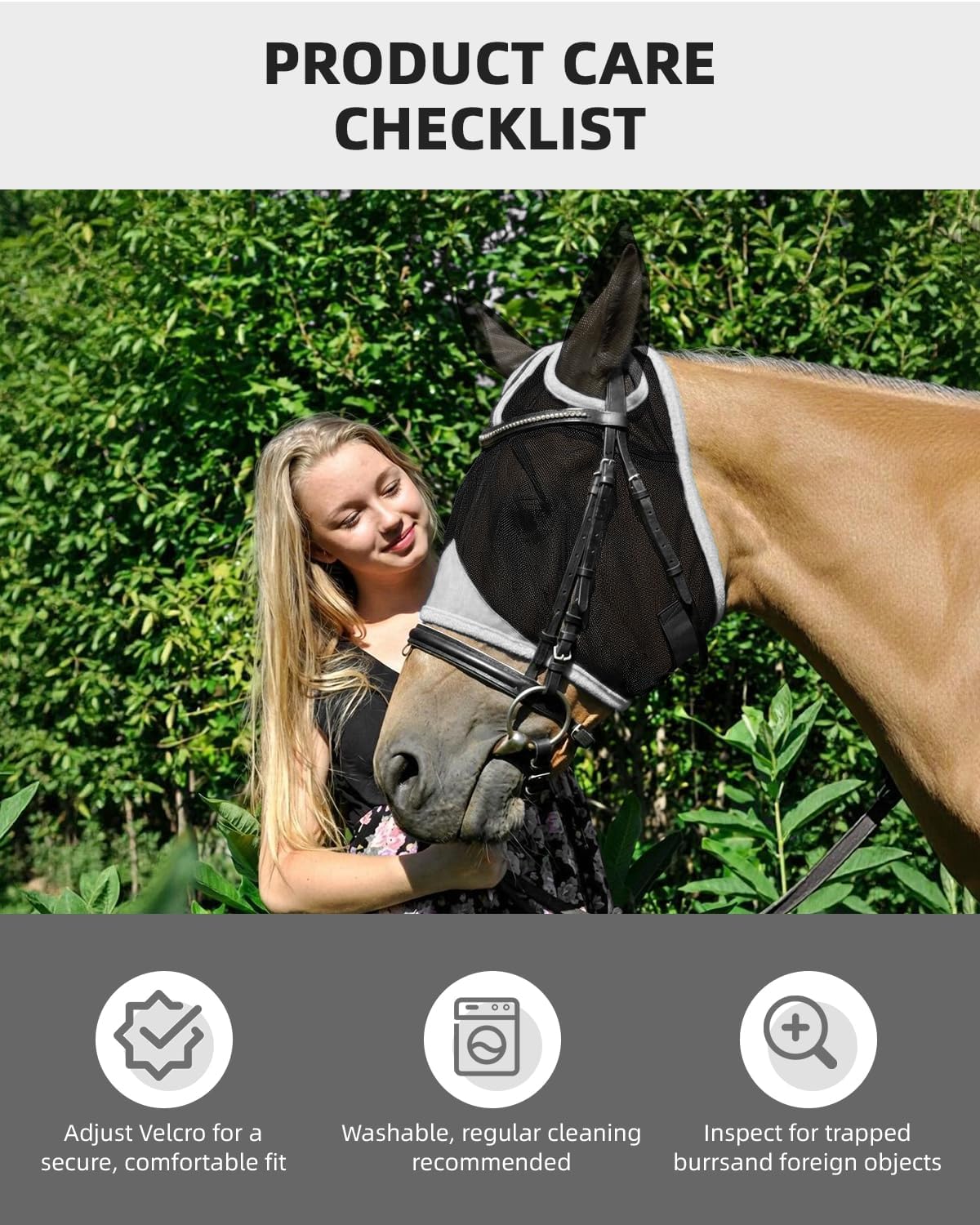 Hilltown Fly Mask for Horse with Ears - UV-Block, Large Eye Space, Adjustable, Breathable, Built to Last for Daily Stable, Hot Weather Riding and Competition - Small Horse/Arab, Gray