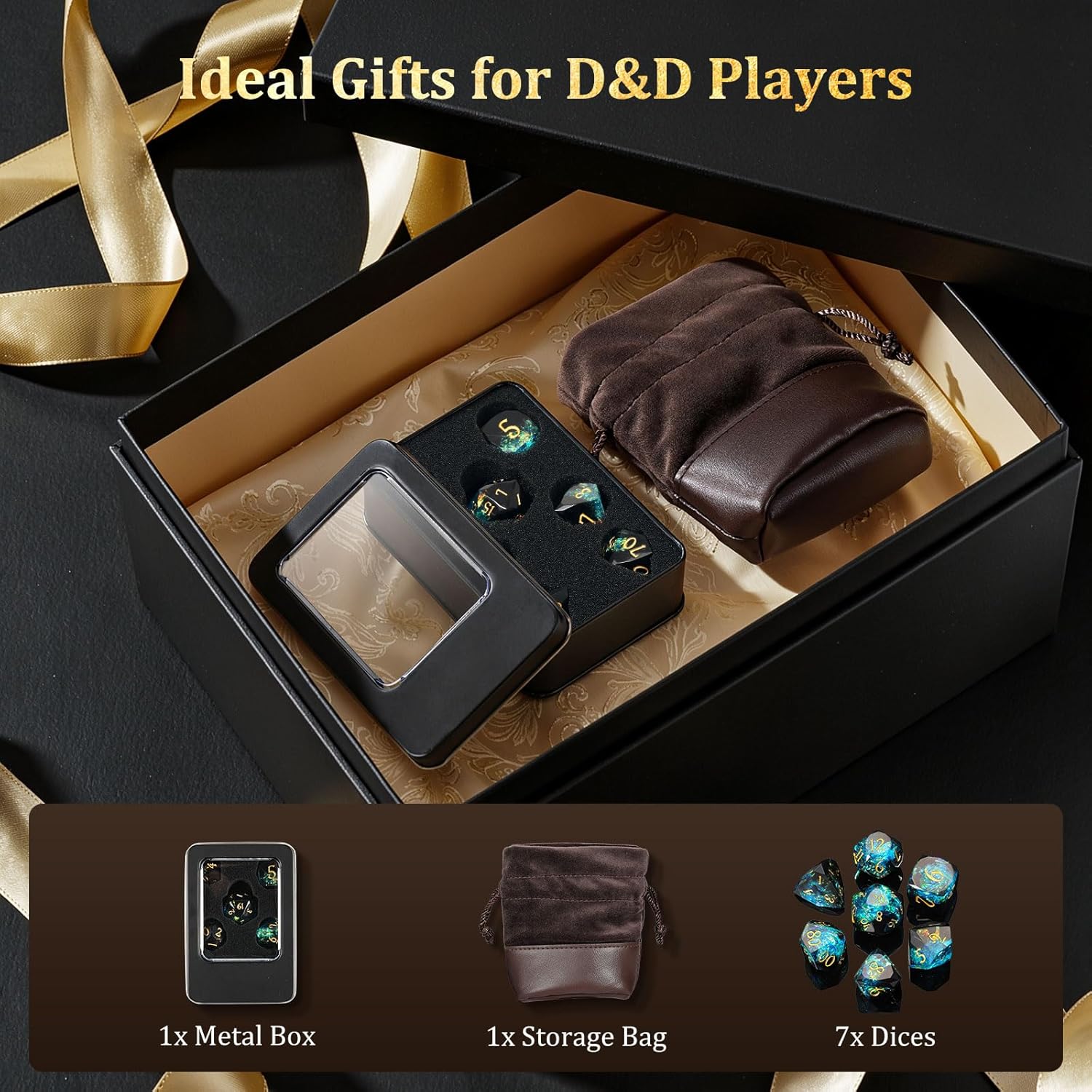 MoKo Resin DND Dice Set, 7PCS Sharp Edge Polyhedral D&D Dice with Gift Box Storage Bag for Dungeons and Dragons RPG Tabletop Games, Gold Numbers DND Gifts D20 D12 D10 D8 D6 D4 D%, Dark Green+Blue