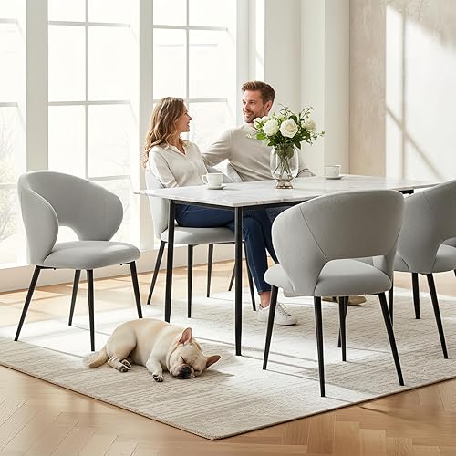 Miniatura 3 de HULALA HOME Juego de 2 sillas de comedor modernas, tapizadas de tela gris con reposabrazos, patas de metal, respaldo curvado, sillas laterales