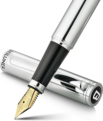 Miniatura 10 de BEILUNER Pluma Estilográfica Cromada Plateada, Impresionante Lujo con Acentos de Oro de 24K, Hermosa Plumilla Dorada de 24K (Mediana), Regalo de