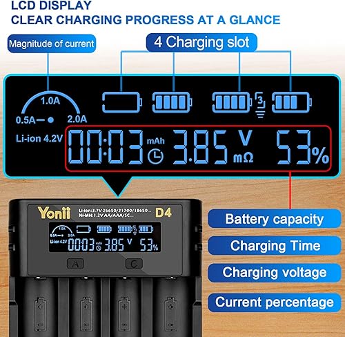 Miniatura 3 de Cargador de batería 18650, cargador de batería recargable de 4 bahías con pantalla LCD para baterías recargables de litio 3.7 V 18650 26650 21700