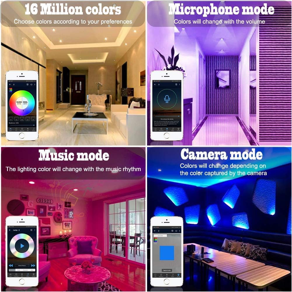 Four screenshots of the Haodeng app demonstrating 16 million colors, microphone mode, music mode, and camera mode for light control.