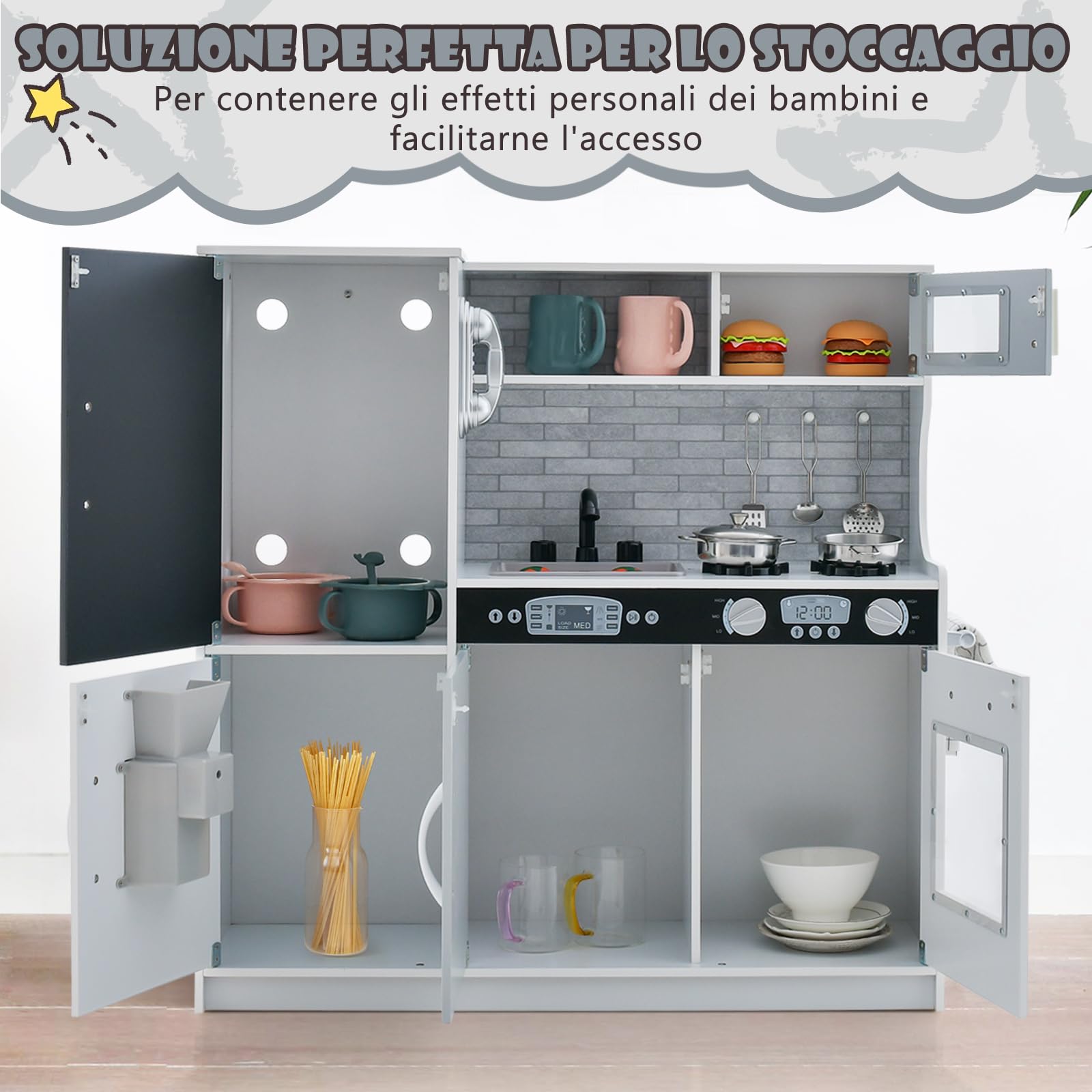 COSTWAY Cucina Giocattolo per Bambini, Cucina Legno per Bambini con Lavagna, Telefono, Microonde e Macchina per Ghiaccio, con Accessori e Suoni Realistici, per 3-6 Anni (Bianco)