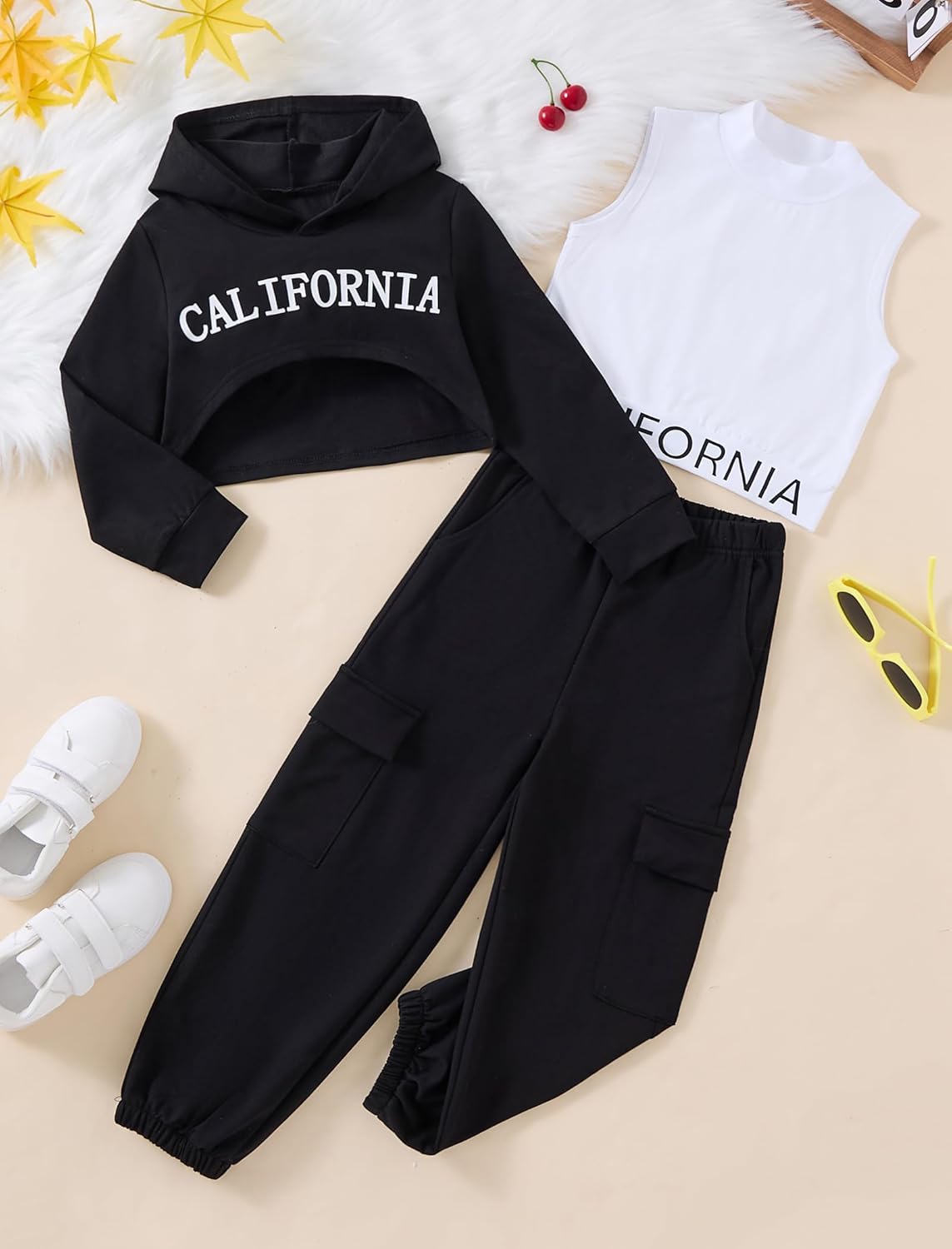 Girls Clothes 3 Piece Outfits Hoodie Pullover Sweatshirts Cool Crop Tank and Sweatpants Set Teen Girls Outfits - Image 5