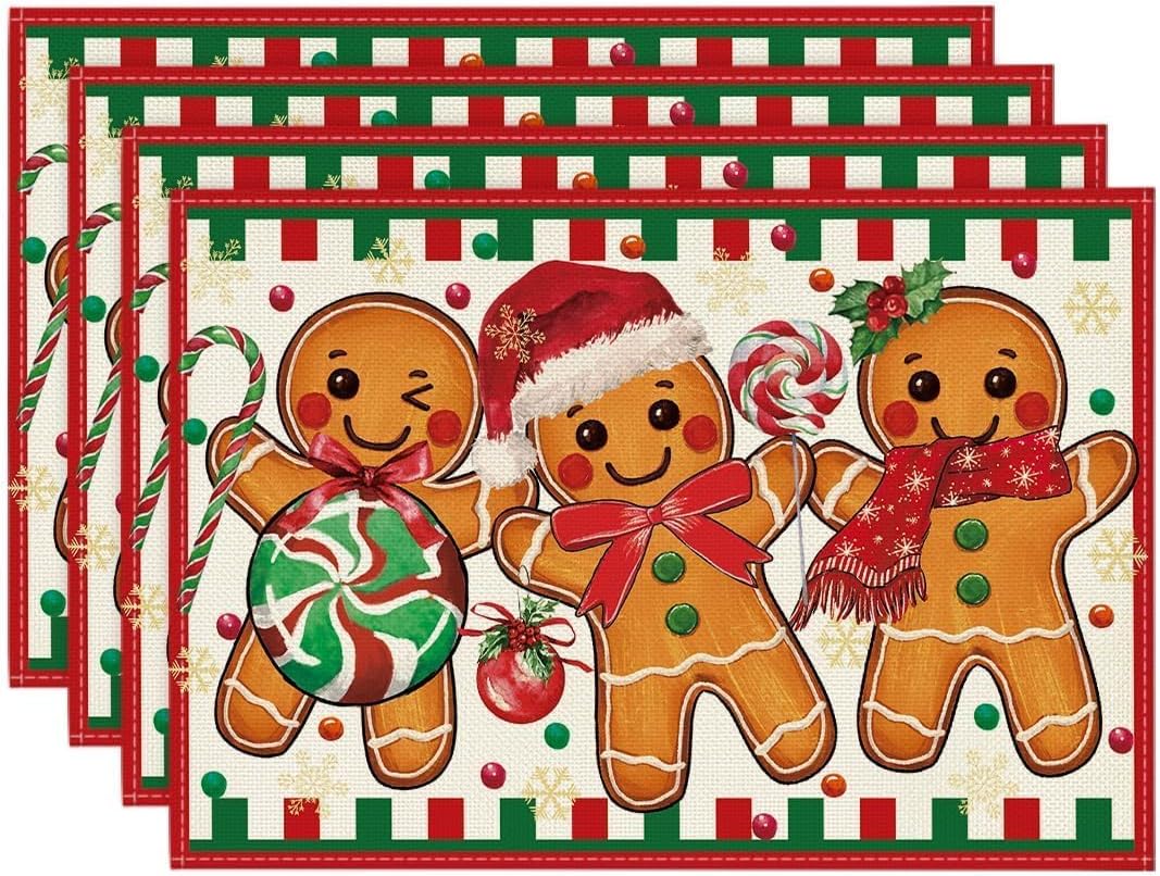 Artoid Mode Gingerbread Candy Cane Christmas Placemats Set of 4, 12x18 Inch Seasonal Table Mats for Party Kitchen Dining Decoration