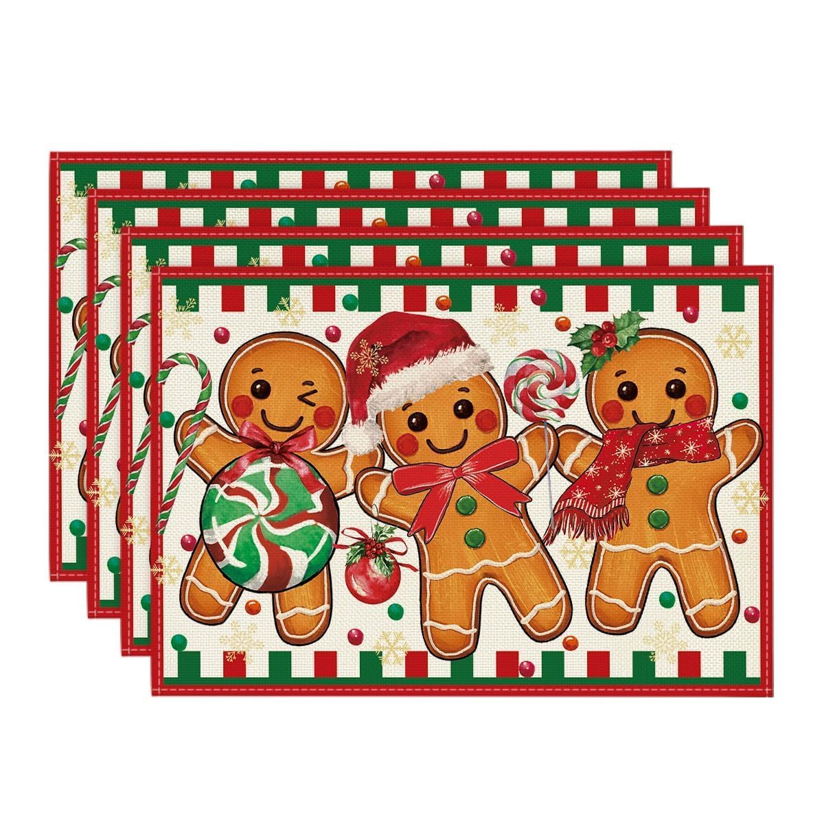 Artoid Mode Gingerbread Candy Cane Christmas Placemats Set of 4, 12x18 Inch Seasonal Table Mats for Party Kitchen Dining Decoration