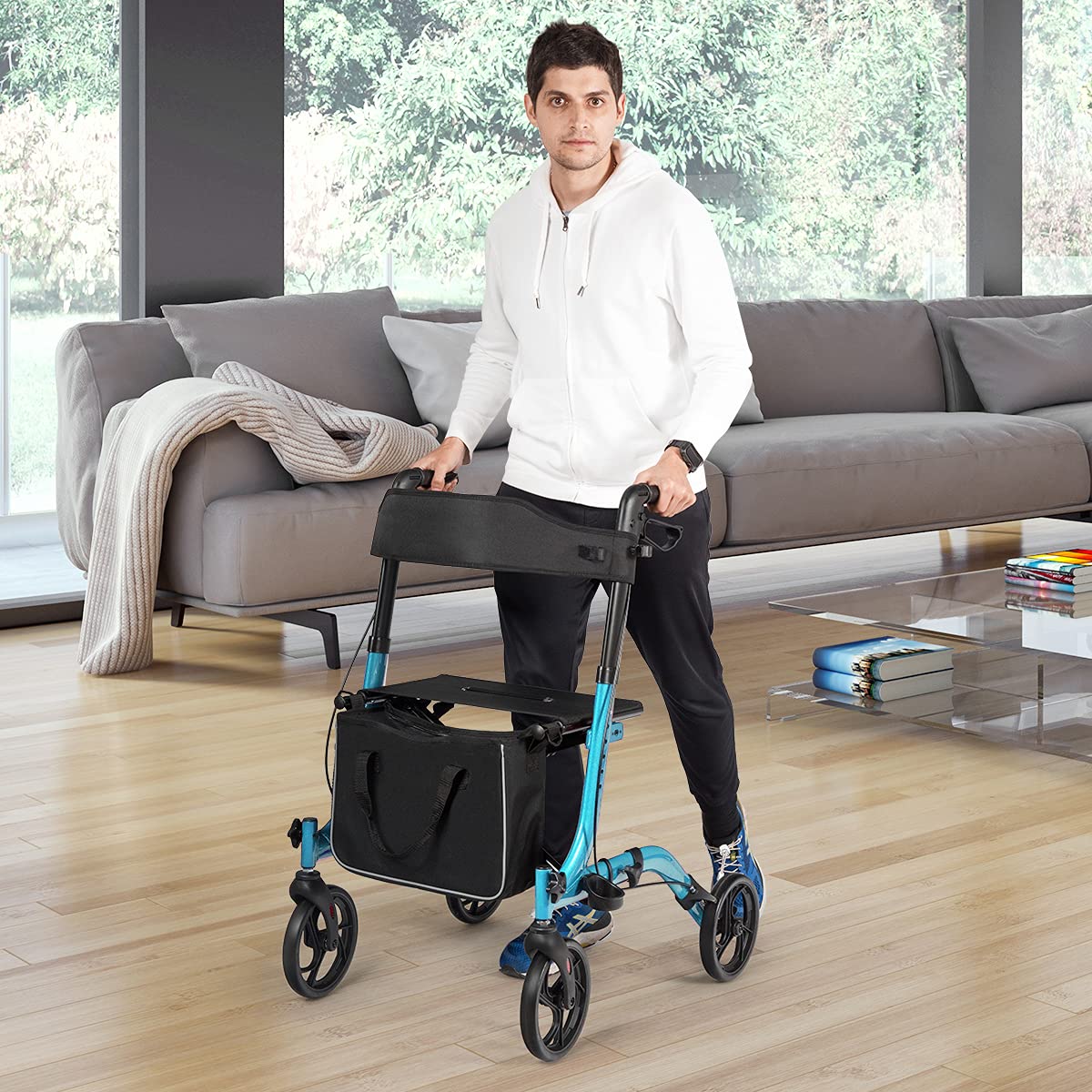 Homasis 2 en 1 Andador de Aluminio con Asiento, Andador Plegable con Bolsa de Almacenamiento y Empuñadura Regulable, para Ancianos y Adultos, Hasta 136 kg (Azul)