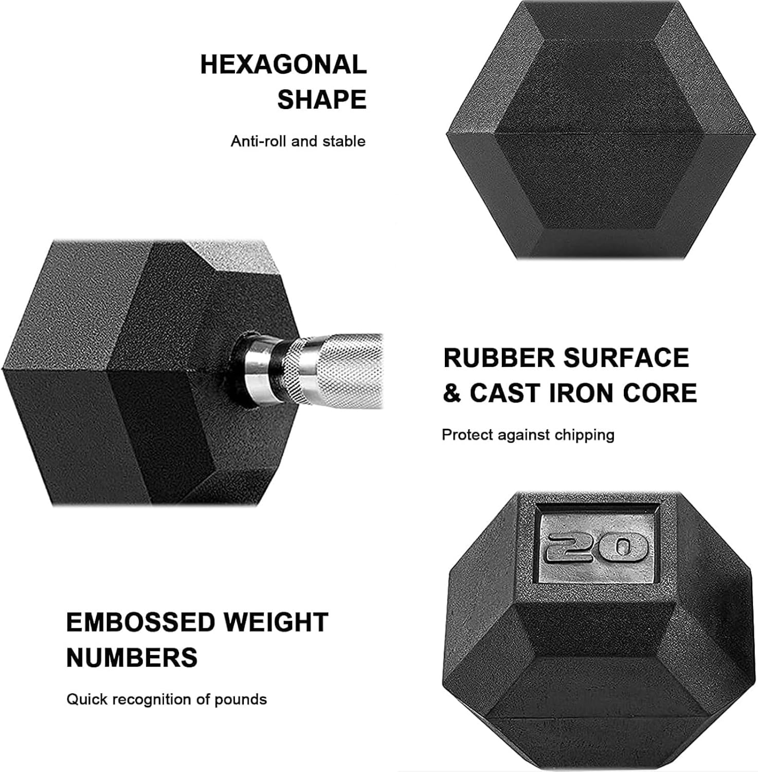 LIFERUN Single Dumbbell Rubber Coated Cast Iron Hex Black Dumbbell Free Weights, 30-85lb