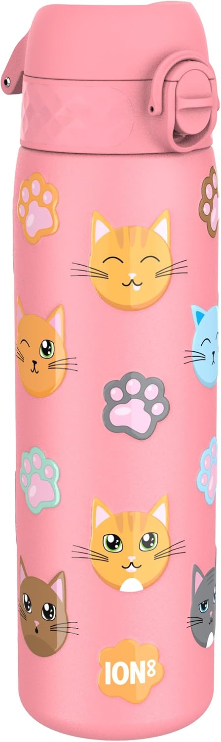 ION8 Water Bottle (500ml) Slim Leak-proof & BPA Free Thermal Drinking Bottle, Triple Lock Lid to Prevent Spills & Hide Away Handle, Made with Vacuum Insulated ThermoShield Stainless Steel, Cats Design