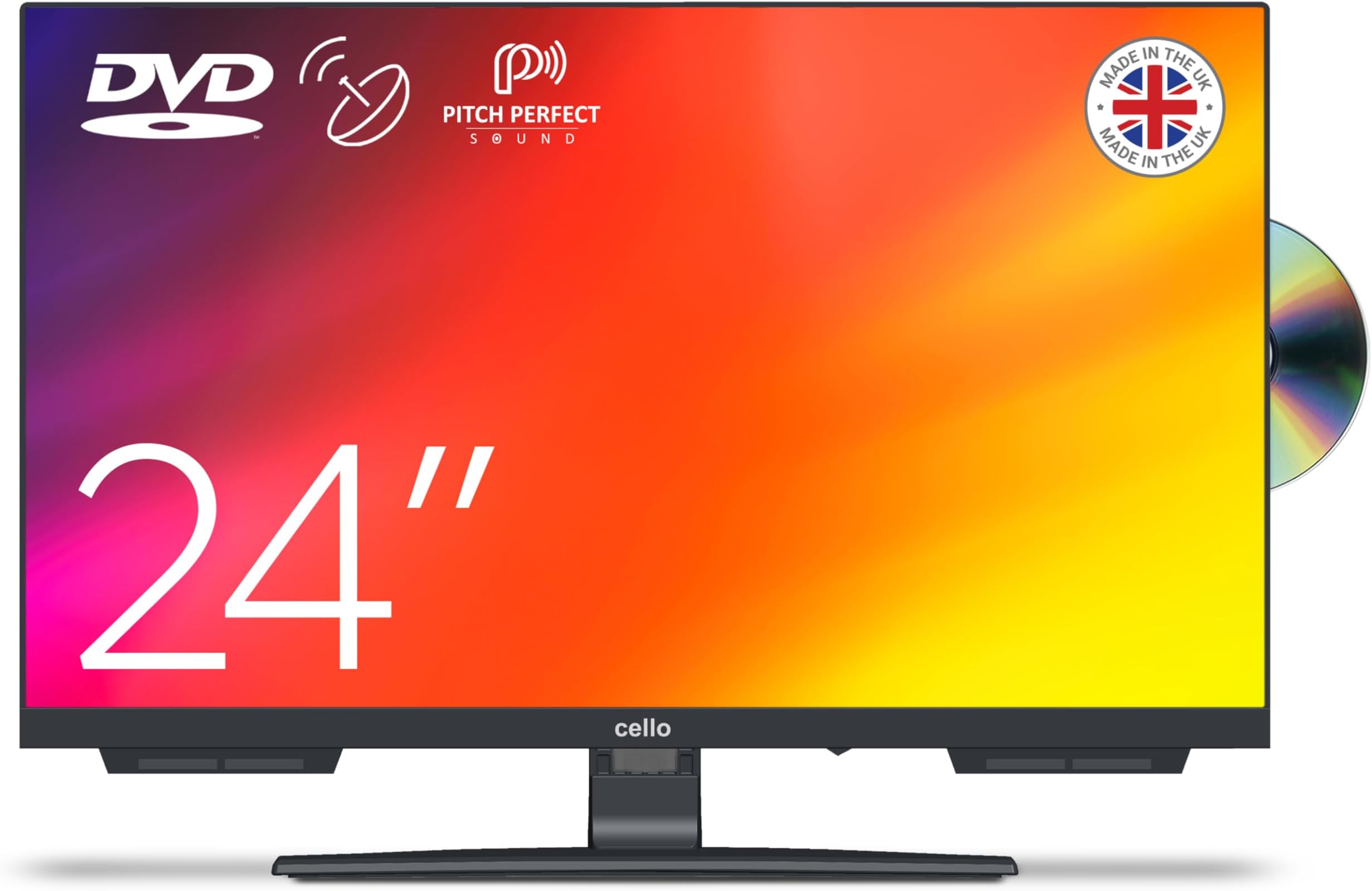 Cello C2424F 24 inch Full HD LED TV Built-in DVD Player Freeview Frameless HD Satellite Receiver Pitch Perfect Speakers Record with USB. DVD Player Perfect for Your Kitchen. UK Made