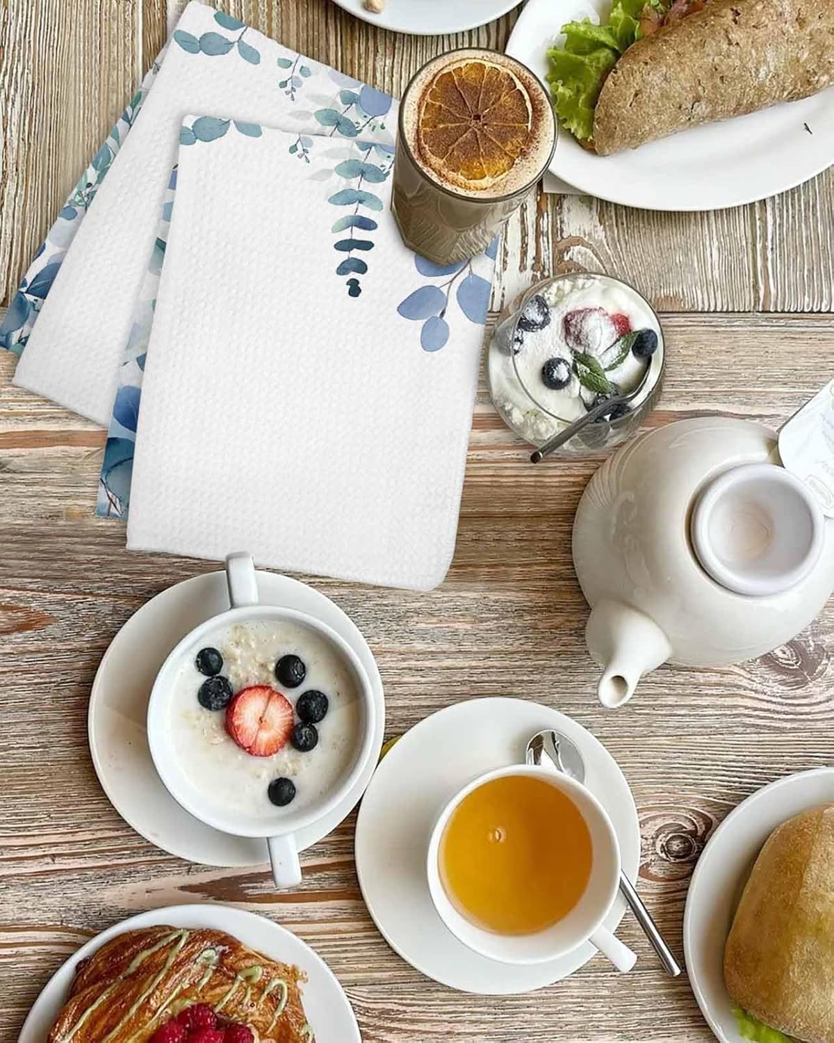 Eucalyptus Blue Hand Towels Set, Waffle Weave Kitchen Towels 2 Pieces, Farmhouse Leaves Summer Spring Microfiber Hair Face Bath Tea Towel Absorbent Quick Drying Cleaning Dish Cloths, 15.7"x23.6"
