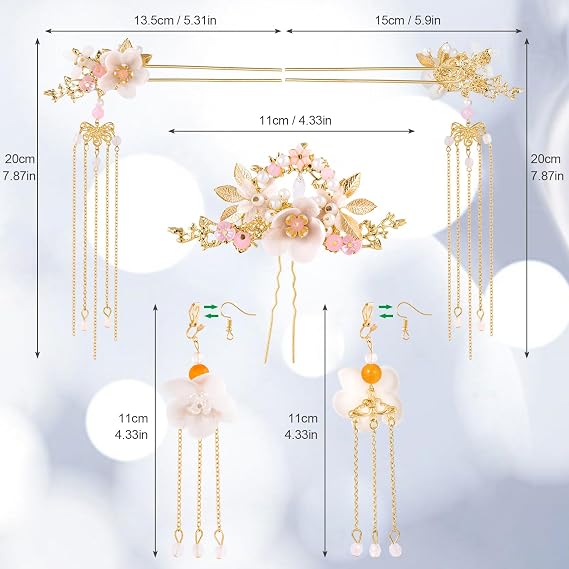HINZIC 5Pcs Flowers Tassel Hair Pins Set, Crystal Rhinestone Pearl Hair Stick, Chinese Hanfu Traditional Wedding Classical Hair Accessories Earrings Set for Women Girls Updo Long Hair