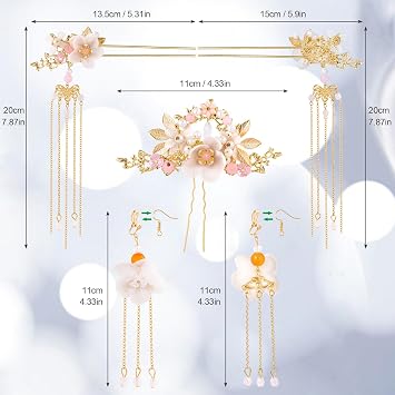 HINZIC 5Pcs Flowers Tassel Hair Pins Set, Crystal Rhinestone Pearl Hair Stick, Chinese Hanfu Traditional Wedding Classical Hair Accessories Earrings Set for Women Girls Updo Long Hair