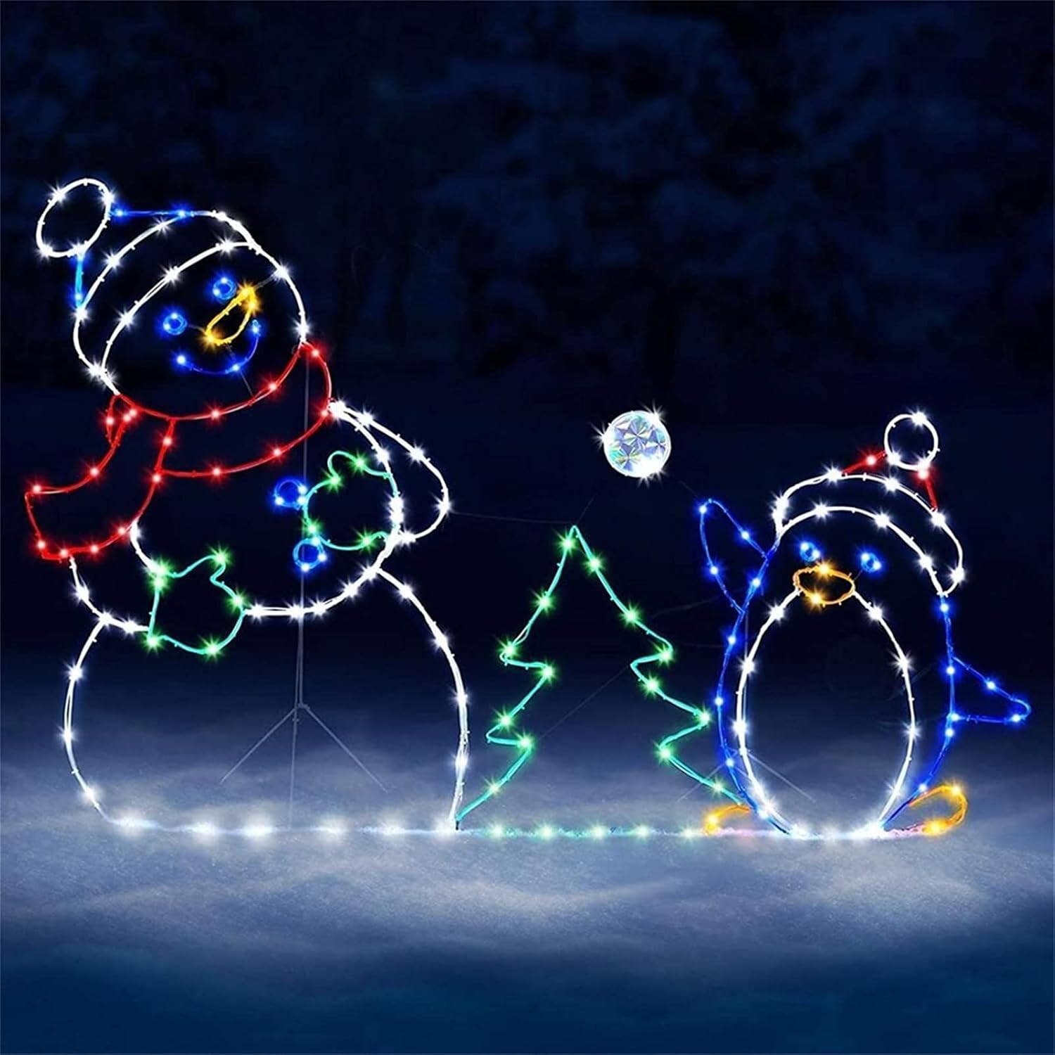 Christmas Fun Animated Snowball Fight Active Light String Frame Decor Christmas Outdoor Garden Snow Glowing Decorative Frame Sign Light-Up (Color : Happy Snowman) (Snowman and Penguin)