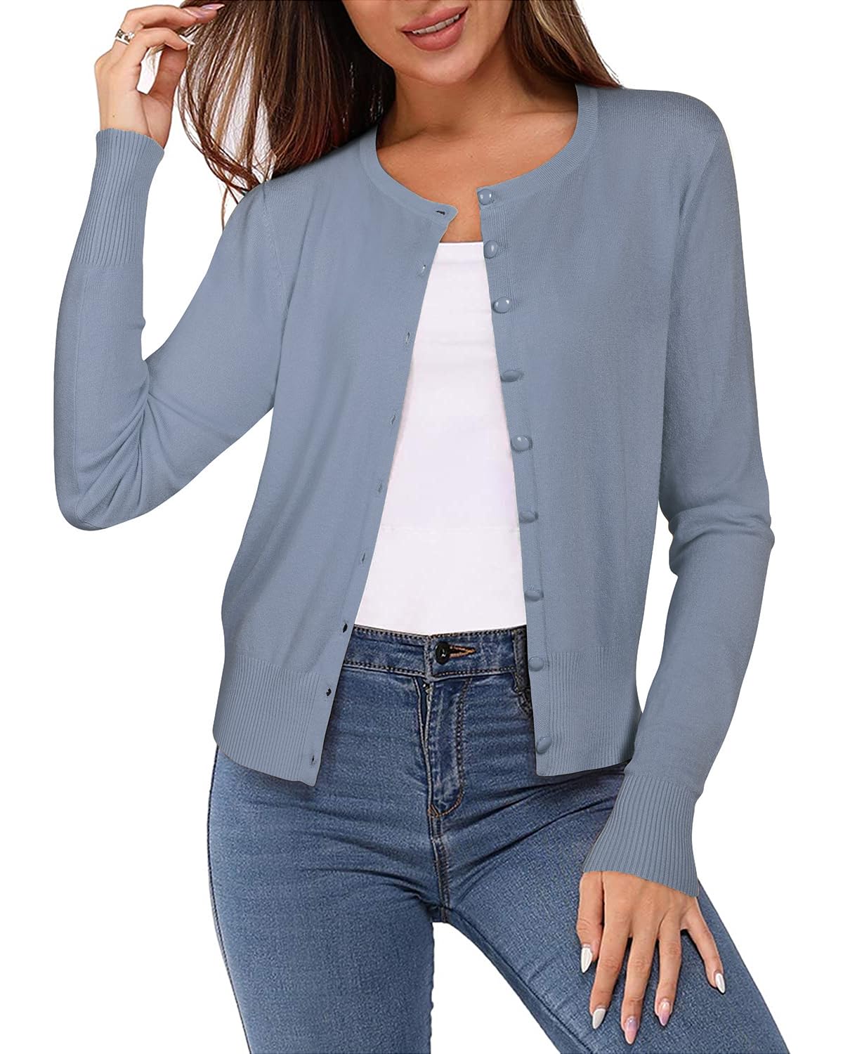 Newshows Women's Lightweight Button Down Cardigan Long Sleeve Casual Crew Neck Soft Knit Cardigans Sweater Tops