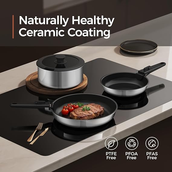 5 PCS Ceramic Cookware Set, Stainless Steel Exterior Pots and Pans Set Non Stick, 10x More Durable Super Ceramic Coating, for Induction Hob Pan Set (Black)