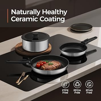 5 PCS Ceramic Cookware Set, Stainless Steel Exterior Pots and Pans Set Non Stick, 10x More Durable Super Ceramic Coating, for Induction Hob Pan Set (Black)