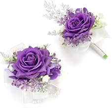 2pcs Purple Corsage Boutonniere for Prom Decor Silk Corsage Wristlet Boutonniere for Men Corsages Artificial Flowers for Wedding Party Suit Decor