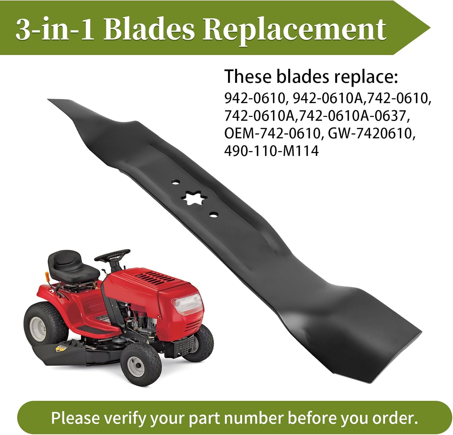 942-0610A Lawn Mower Mulching Blades Compatible with MTD LT-400 Riding Mowers, Fits Troy-Bilt Tuffy 38" Deck Tractors, Replacement for 742-0610A, 742-0610, 742-0610A and 942-0610, 2 Pack