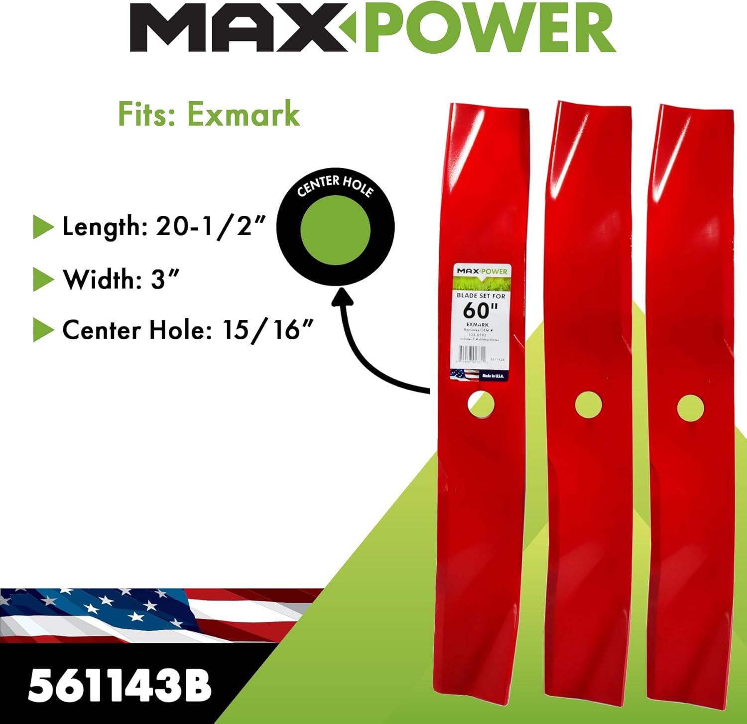 MaxPower 561143B 3 Blade Mulching Set for Many 60 in. Cut Exmark Mowers Replaces OEM #'s 103-6393, 103-6393-S and Windsor 50-2812, Red