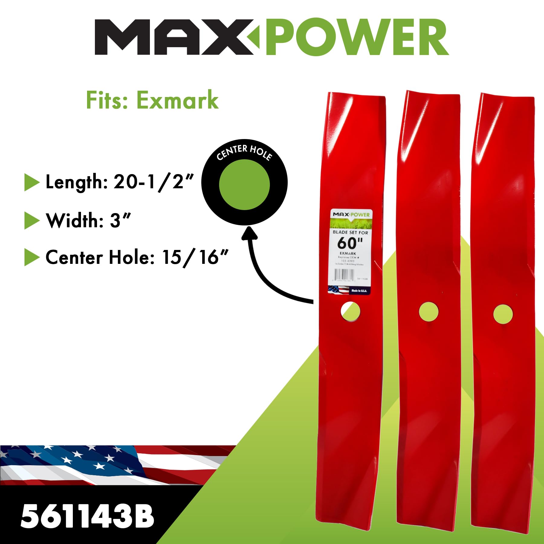 MAXPOWER 561143 Juego de 3 Cuchillas para Corte de 60 Pulgadas, sustituye a Exmark 103-6393, 103-6393-S y Windsor 50-2812