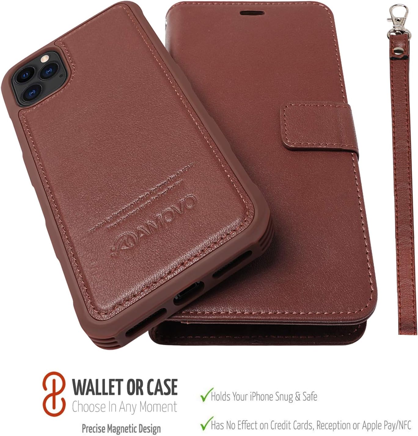 AMOVO Compatible with iPhone 12 Pro/iPhone 12 Wallet Case Magnetic Detachable [2 in 1][Wristlet][Genuine Leather] Protective Case Compatible with iPhone 12/12 Pro (6.1'') (Authentic Leather, Brown)