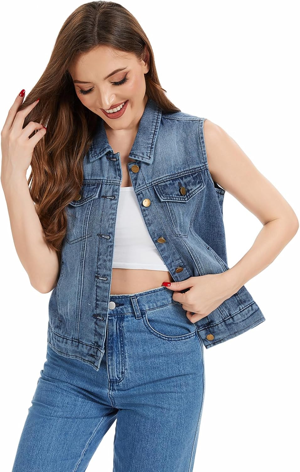 Women's Denim Vest Button Down Jacket W Chest Flap Pockets 2025 Washed Distressed Sleeveless Jean Jacket - Image 5