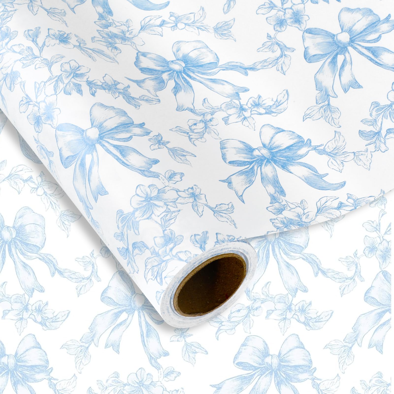 JarThenaAMCS Blue Bow Floral Wrapping Paper - Mini Roll - 17 Inch x 32.8 Ft Vintage Bow Flower Gift Wrap Paper Chinoiserie Art Paper for Coquette
