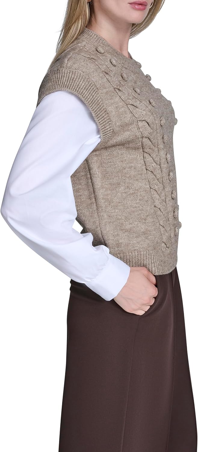 BCBG Womens Crewneck Sweater Vest with Woven Sleeves - Image 3