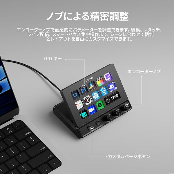 Ulanzi D200X Stream Controller ストリーム コントローラー【2026年新版】3つノブ付き 14個カスタマイズ可能なLCDキー 8-in-1拡張ポート USB3.0高速転送 ハブドッキングステーション 4K HDMI対応 PD急速充電 マクロキーボード 日本語対応 ライブ配信 コンテンツ作成用 OBS/動画編集/写真編集/PC操作用 Creative Deck - 2