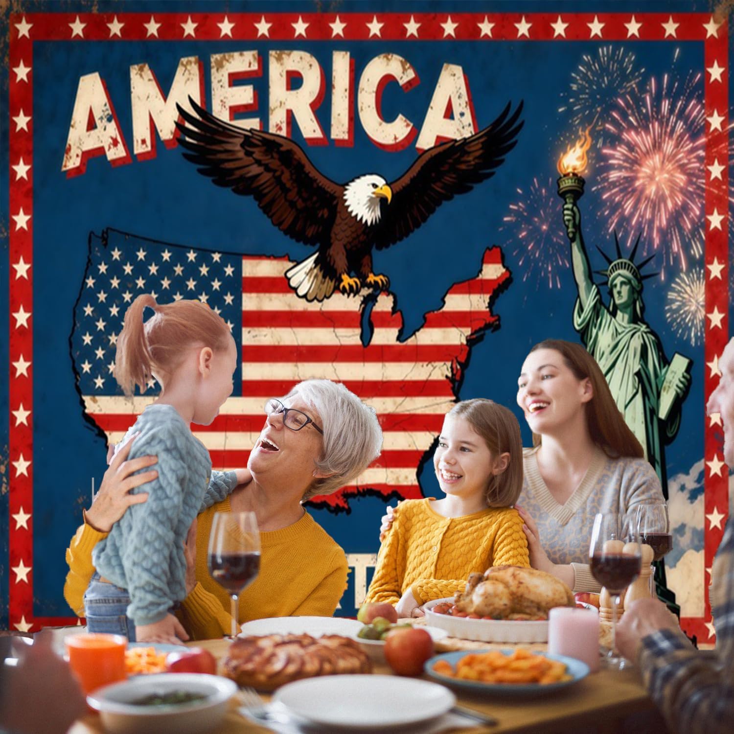 7x8ft 4th of July Garage Door Cover Banner Decorations Patriotic America Flag 250th Birthday Bald Eagle Statue of Liberty Garage Door Banner for Outdoor Independence Day Photo Background Decor