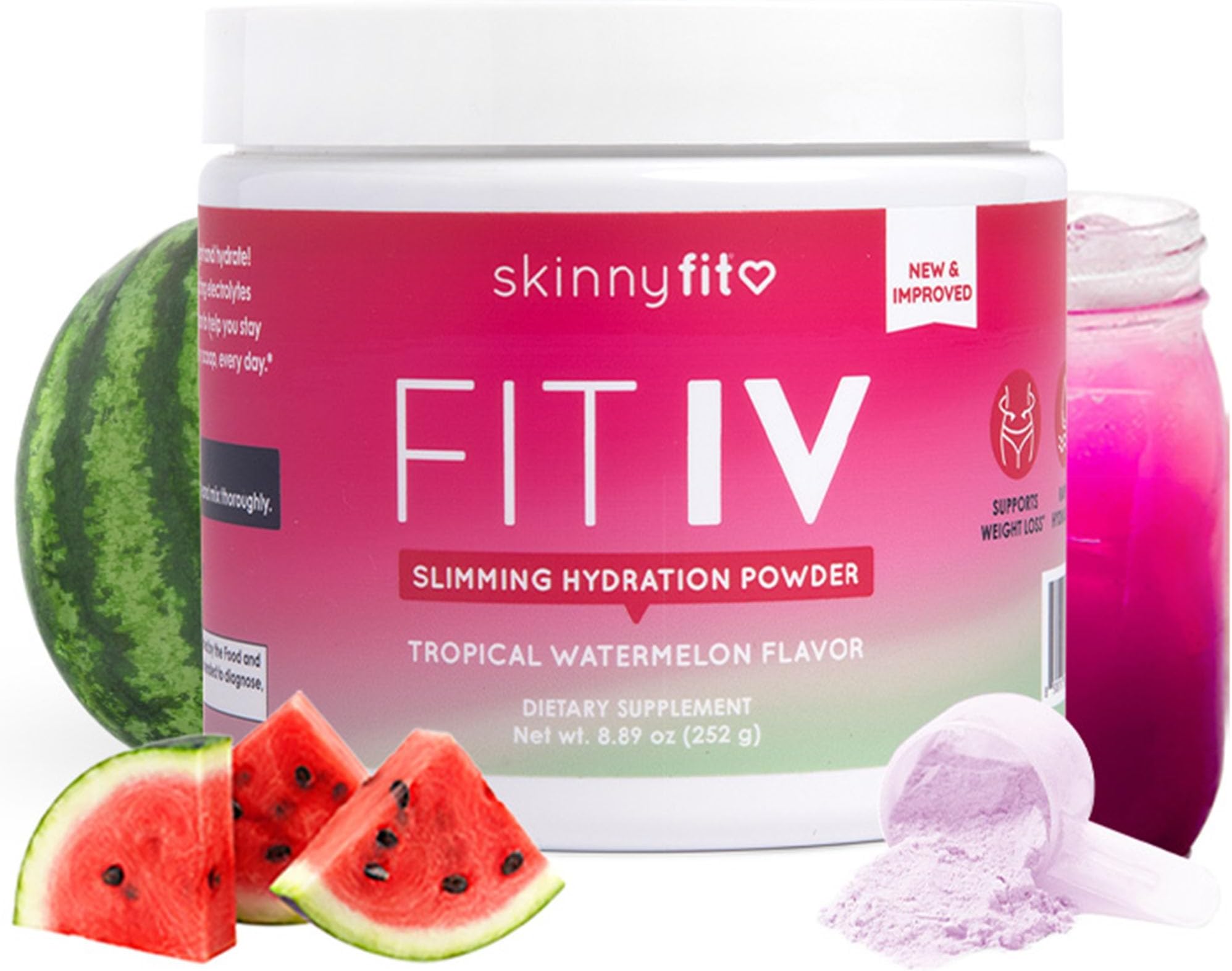 Fit IV Slimming Hydration Powder, Tropical Watermelon (Jar, 28 Scoops) - New & Improved Formula - Electrolytes, Vitamin C, Vitamin B3 - Vegan, Gluten Free, Dairy Free - Beauty & Self Care