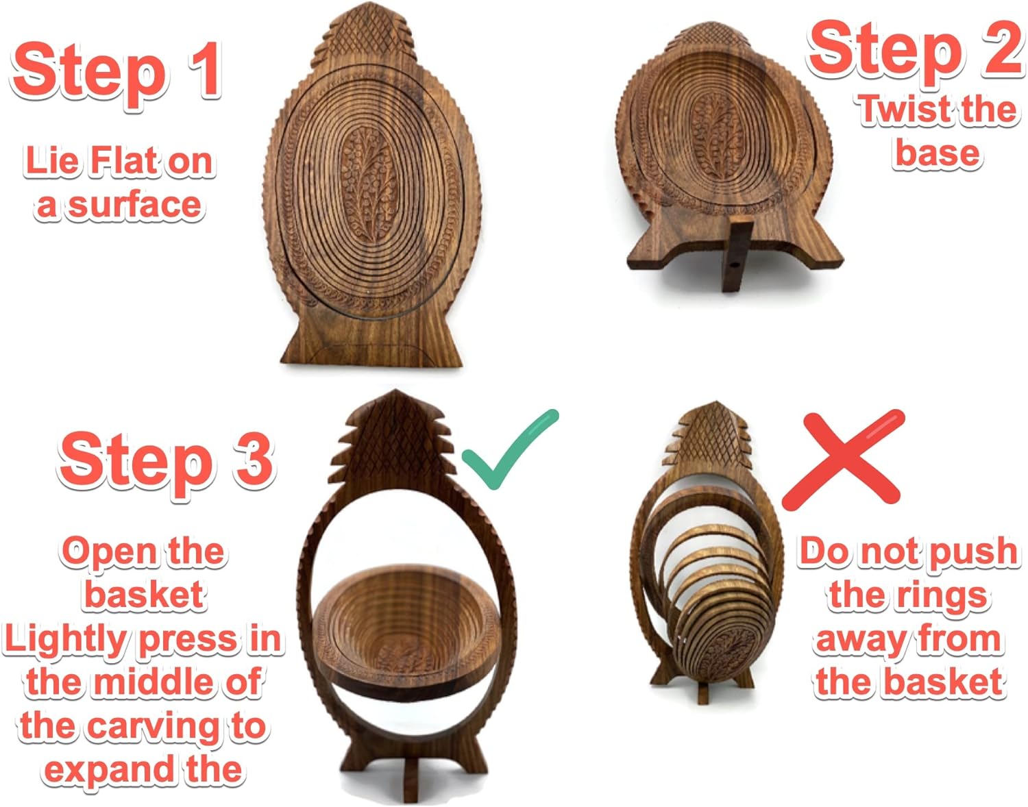 Eid Gift Hand Crafted Solid Wooden Collapsible Fruit Shaped Basket Hand Carved Solid Wood 16"x8.5" (Pineapple)
