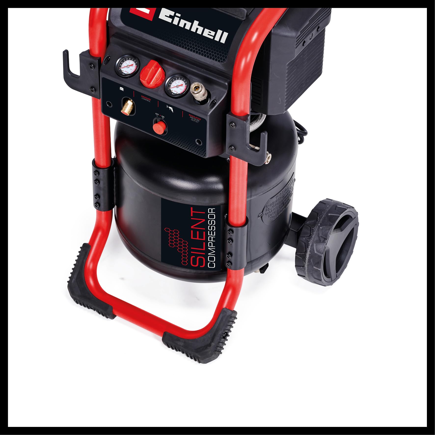 Einhell TE-AC 240/24 Silent sprężarka (1500 W, maks. 10 bar, zbiornik 24 l, moc ssania 240 l/min, sprężarka wyciszona 70 dB, 2 manometry, reduktor ciśnienia)