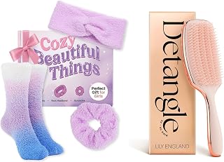 Curly Detangler Brush & Cozy Spa Beauty Set – Hair Brush for Women with All Hair Types, Including Curly Hair – Includes Fuzzy Socks, Headband & Scrunchie – Self-Care Gift for Her or Teens