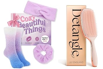 Curly Detangler Brush & Cozy Spa Beauty Set Hair Brush for Women with All Hair Types, Including Curly Hair Includes Fuzzy Socks, Headband & Scrunchie Self-Care Gift for Her or Teens
