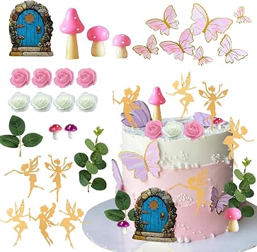 Fairy Cake Toppers Fairy Butterfly Cake Decorations Pink Mushroom Door Flowers Cake Decorations for Birthday Baby Shower Party Supplies