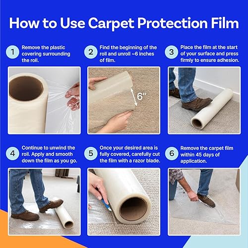 Vista 8 de TapeManBlue Rollo de película protectora de alfombra de 24 pulgadas x 200 pies, película protectora de plástico autoadhesiva para alfombras