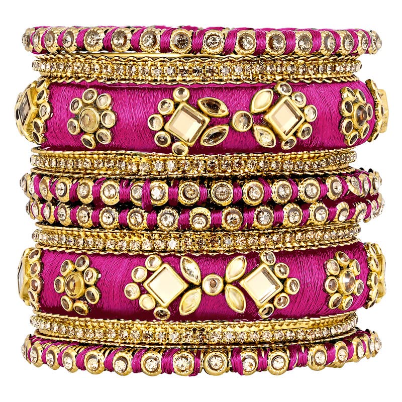 AheliKundan Studded 2.6 inch Rani Pink Silk Thread Bangles Set Ethnic Fashion Jewellery Gift for Women-AH-PF51B82RP, 2.6 inch, Silver, no gemstone