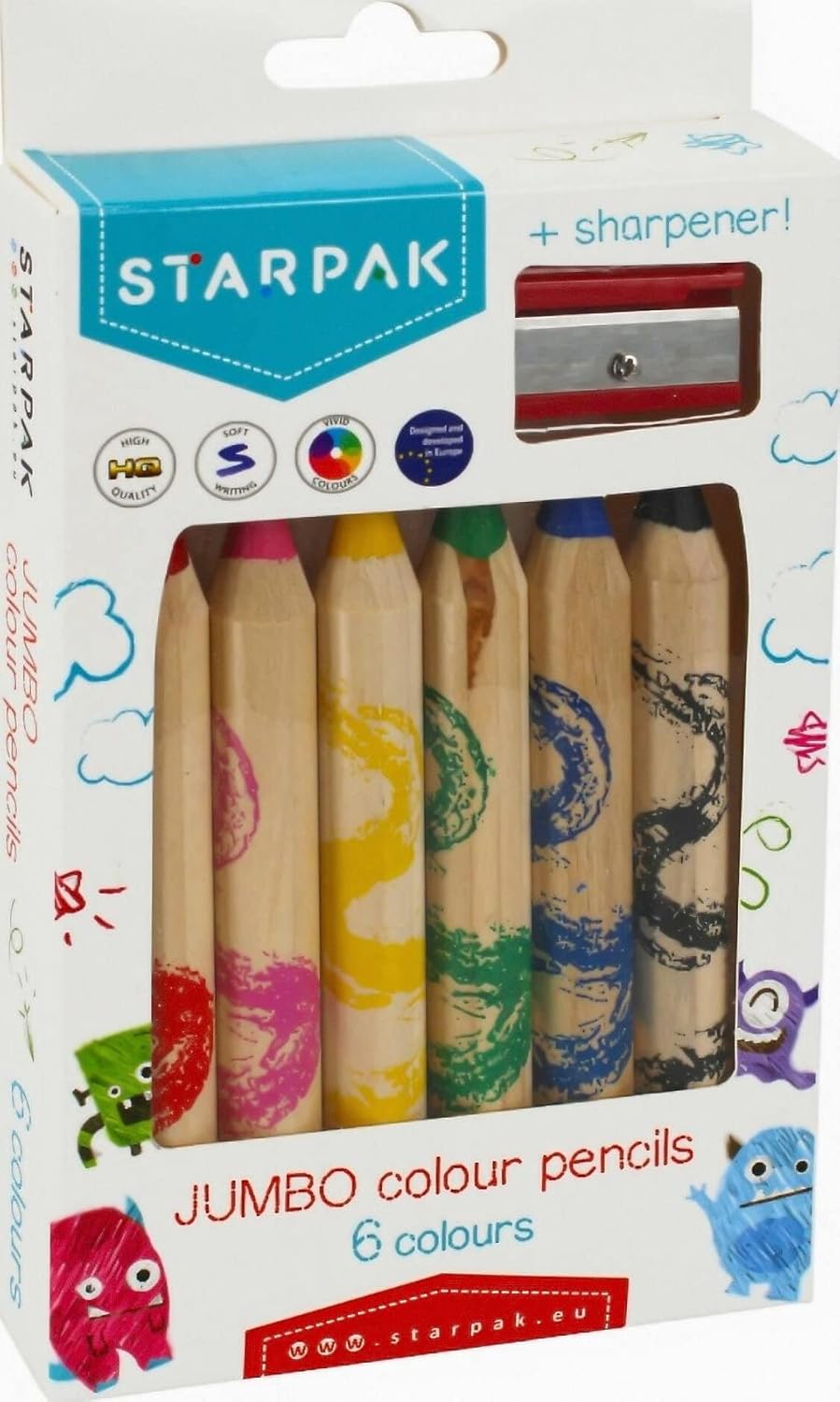 Jumbo Colouring Pencils - 6 Colours + Sharpener