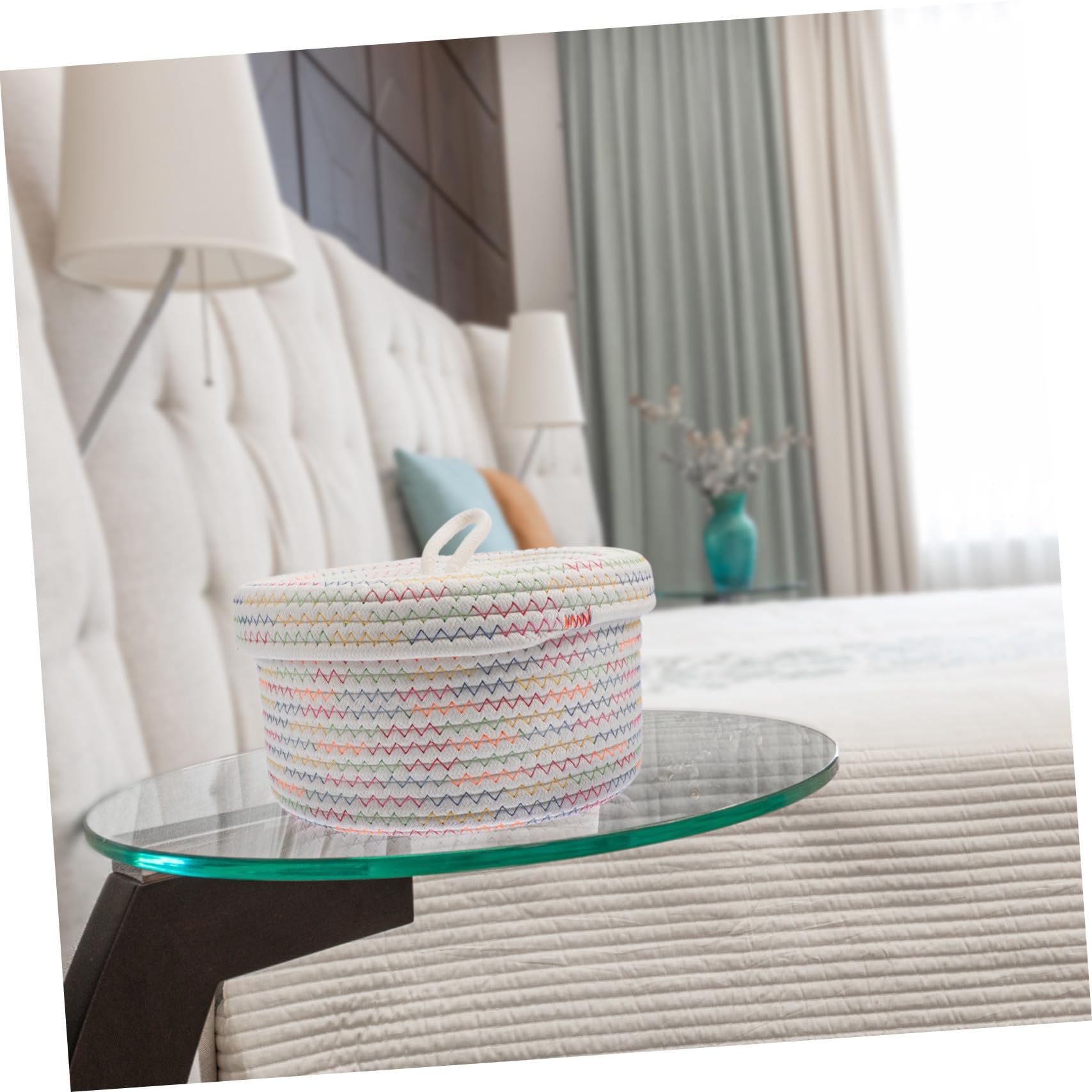 UKCOCO Cesta De Almacenamiento Para Escritorio De Cuerda De Algodón 22x14 Cm Con Tapa, Cesta Organizadora Cremosa Para Cosméticos y Juguetes, Ligera y Espaciosa Hogar, Dormitorio y Habitación Infantil