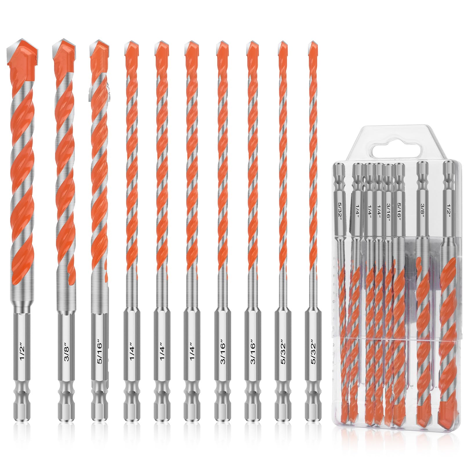 Linkstyle 10PCS Masonry Drill Bits 1/4in Hex Shank, 4mm-12mm Carbide Concrete Drill Bit Set for Wood Tile Brick Ceramic Glass