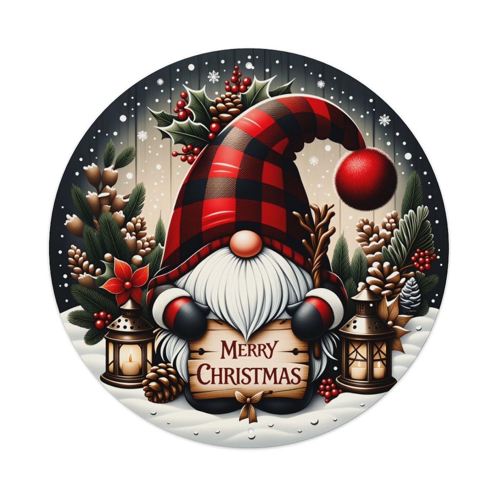 Christmas Gnome Winter Holiday Decor Round Tin Sign Vintage Metal Poster Retro Bar, Home, Man Cave, Kitchen, Laundry Room Wall Art Decor Gift 8x8Inch