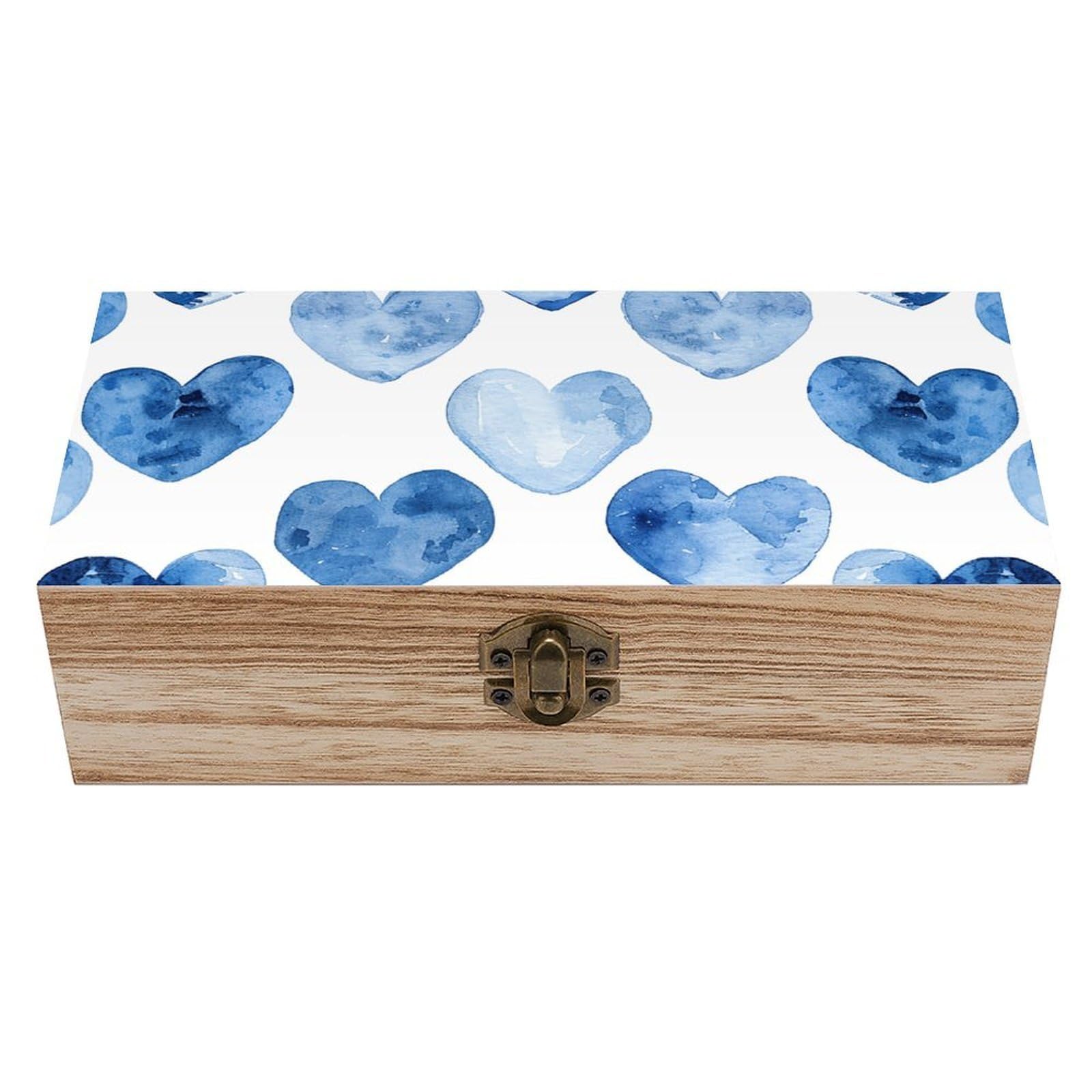 Oudrspo Hand Drawn Blue Heart Wooden Keepsake Box Decorative Memory Storage Box with Hinged Lid Small Jewelry Keepsake Boxes for Storing Gift Pictures Letters Time Capsule