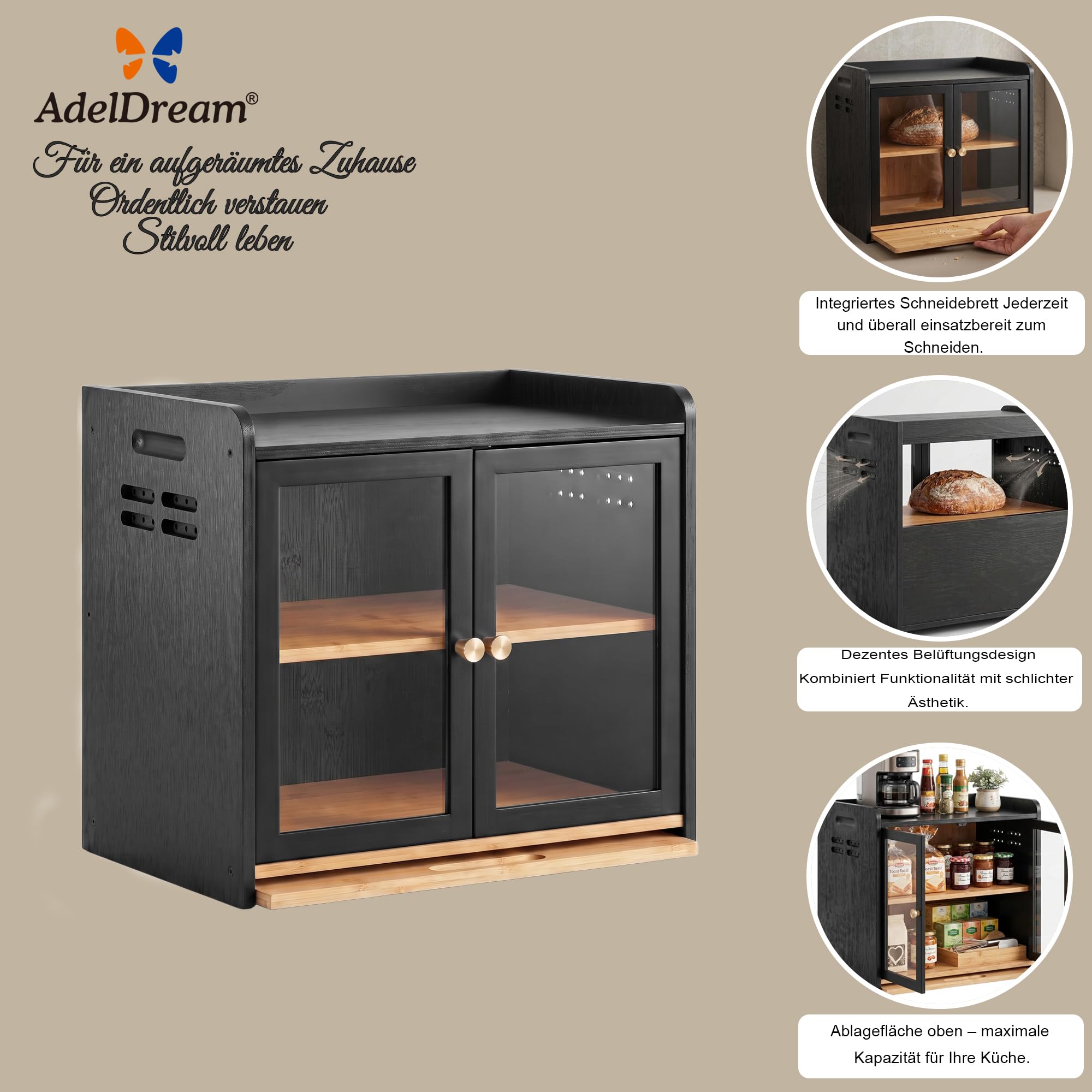 ADEL DREAM Bambus Küchen Organizer mit Brotschrank, Schneidebrett&Klare Tür