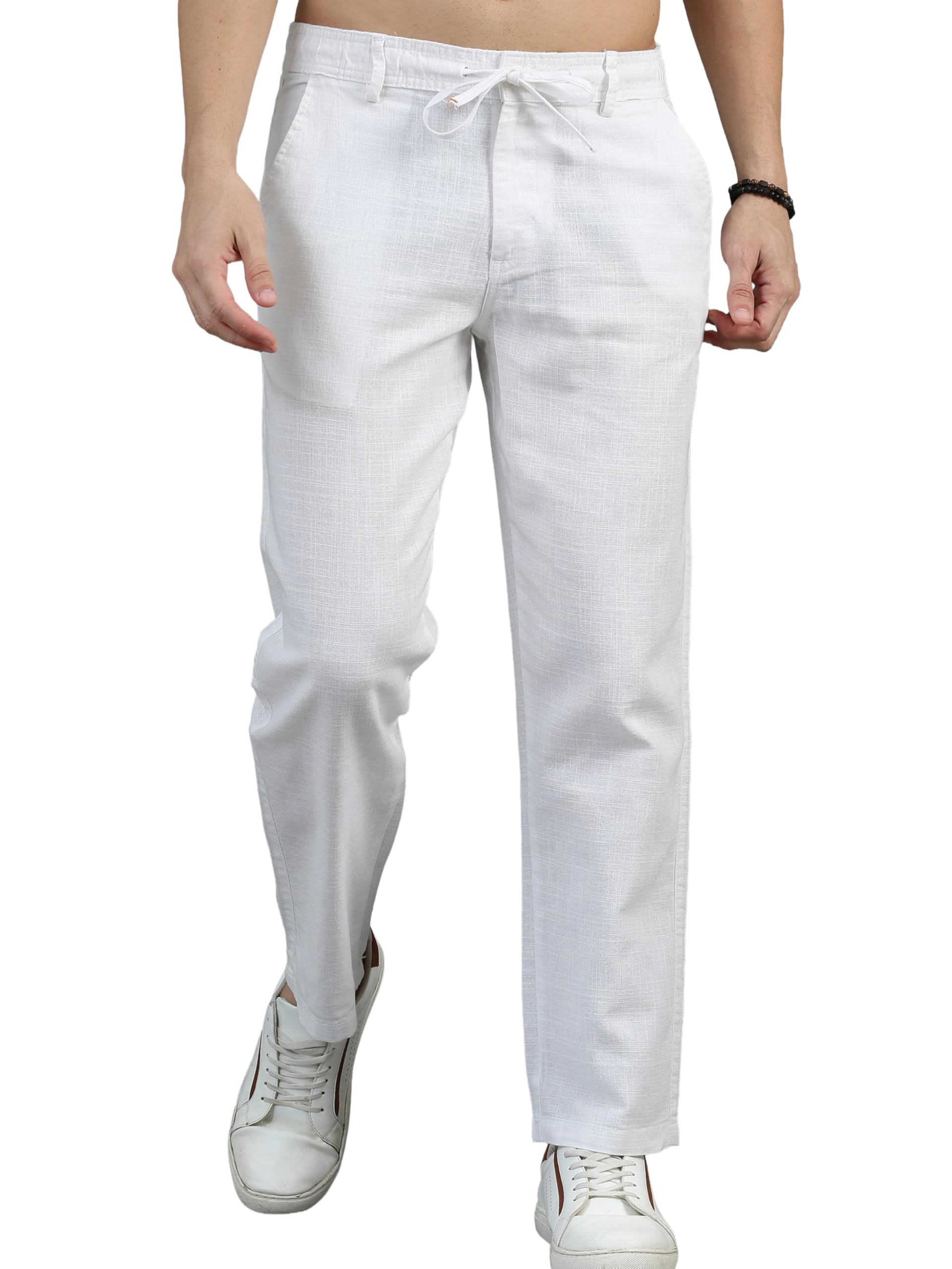 Men's White Linen Trousers, Straight Fit, Drawstring Waist, Casual Pants-picture-12