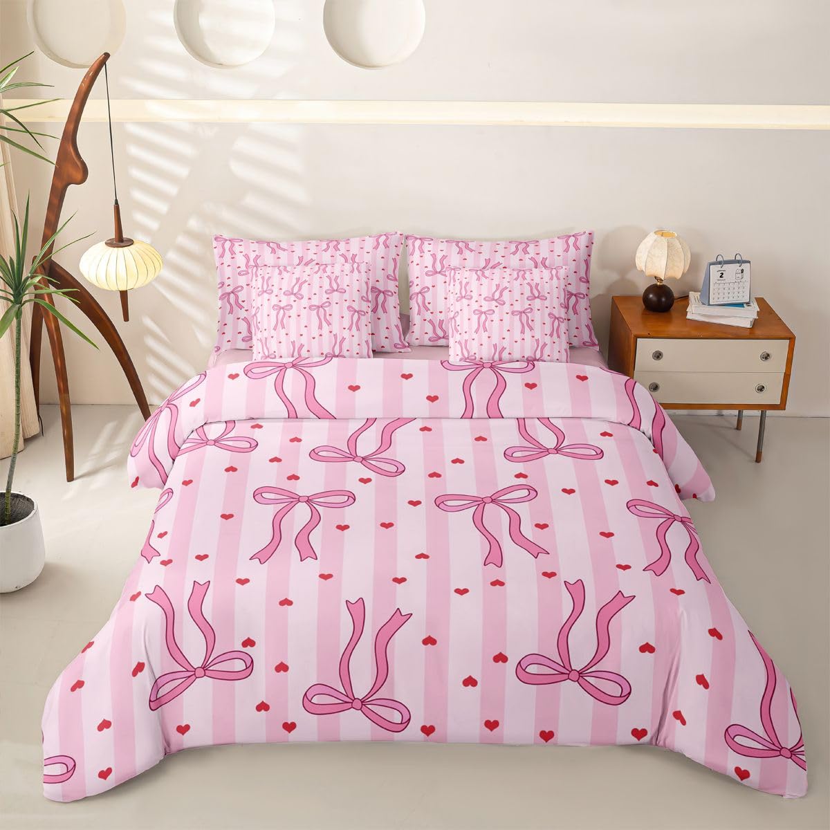 Loussiesd Copripiumino con lenzuola, 7 pezzi, per letto singolo, con grazioso fiocco kawaii, cuori, letto in una borsa, per bambini, ragazzi e ragazze, set di biancheria da letto a righe geometriche
